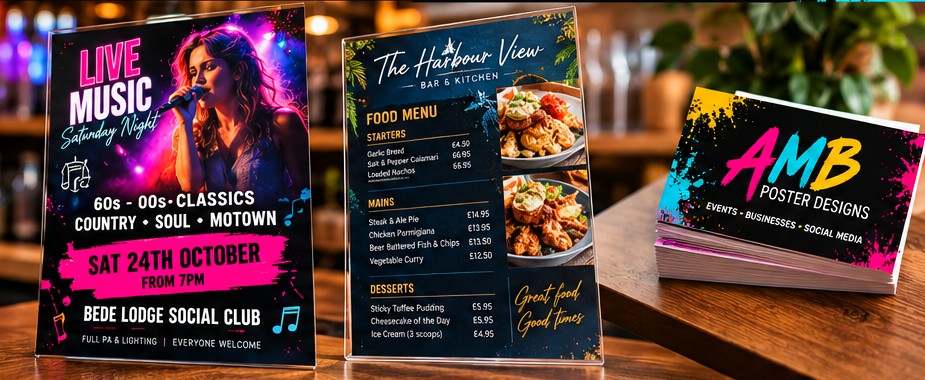 Colourful professional event poster and restaurant menu designs displayed on a bar