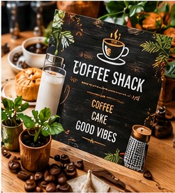 Coffee shop menu and promotional design photographed beside coffee